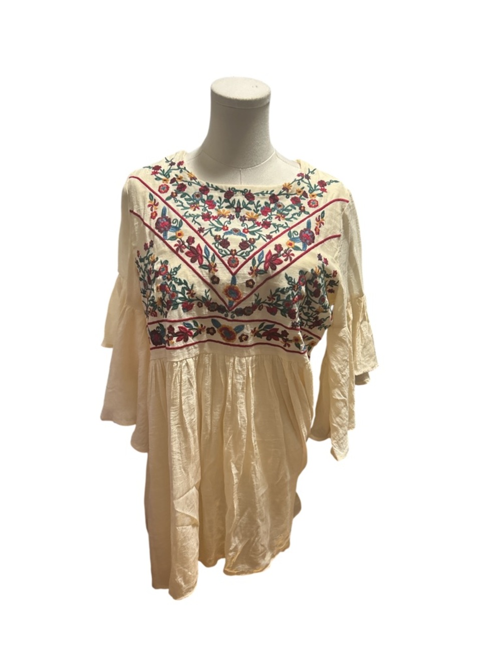 Umgee Cream Embroidered Boho Dress Floral Flare Sleeve Babydoll Medium - Picture 2 of 8